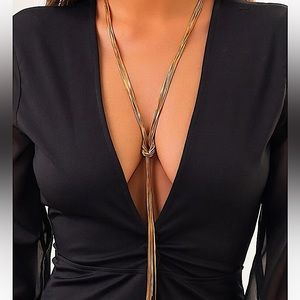 Gold Plated Y Lariat Knot Tassel Fringe Statement Necklace